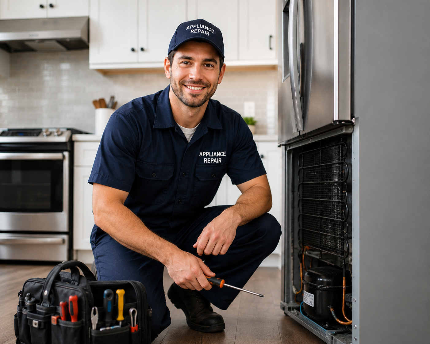 SureFix appliance repair technician working on a refrigerator